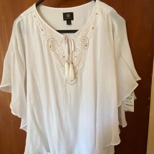NWT JM Collection Women's Size PXL White Rhinestone Sheer Overlay Blouse